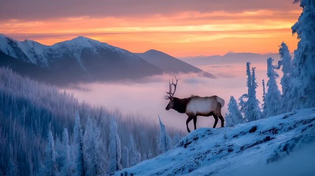 Winter season adventure exploration. A vivid portrayal of a majestic elk standing atop a snowcovered mountain peak, bathed in the warm glow of the setting sun.