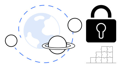 Security concept. Planetary orbit s global reach while the lock data protection. Security explored with global, digital, and puzzle-related . Great for technology, AI, governance visuals © robu_s