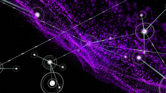 Animation of dots connected with lines over purple particles forming abstract pattern