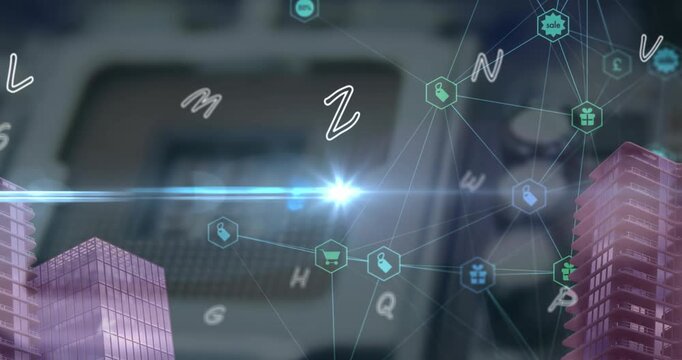 Animation of letter, lens flare, 3d buildings and icons connected with lines over sim card tray