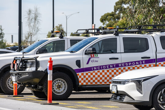 V/Line incident response vehicles parked at a railway facility in Victoria, Australia. Emergency and maintenance fleet supporting regional rail operations