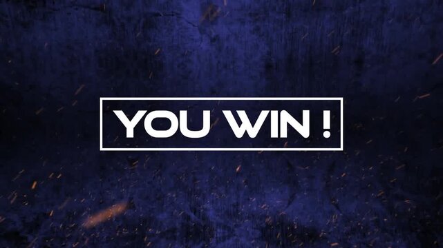 Animation of you win text banner over white particles floating against blue grunge background