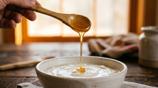 Slow Drip Honey from Bamboo Spoon in Golden Thread onto White Yogurt Surface No Face No Logo No Text in Warm Amber Backlit Light
