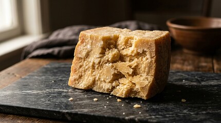 Aged Parmesan Chunk Showing Grainy Crystalline Texture and Flaky Break on Dark Marble No Face No...