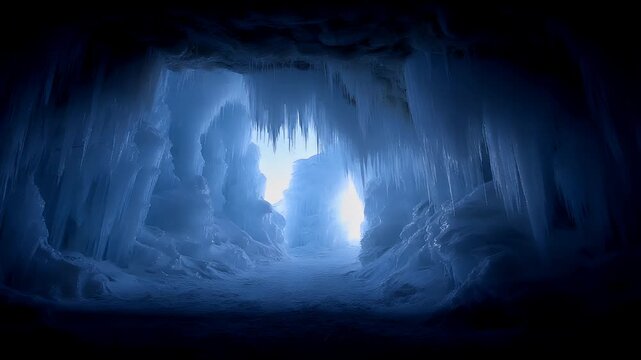 Winter season adventure exploration. A vivid portrayal of an icy cavern, bathed in a deep blue hue. The caverns walls are intricately carved with stalactites and icicles hanging from the ceiling.