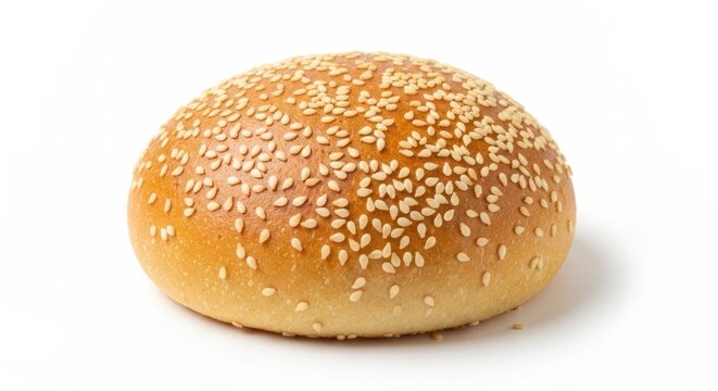 A golden-brown, sesame-seed-topped bun sits isolated against a clean white backdrop
