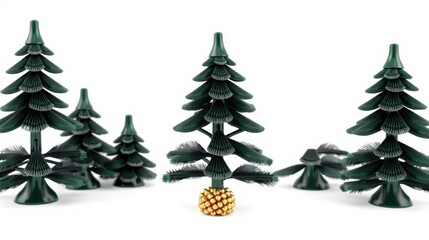 Obraz premium Green trees varying sizes stand against white background. One tree features golden pinecone base. Simple, clean design.