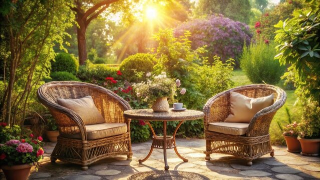 A photo of a cozy outdoor seating area featuring wicker furniture, surrounded by greenery and soft sunlight filtering through The area includes a rou