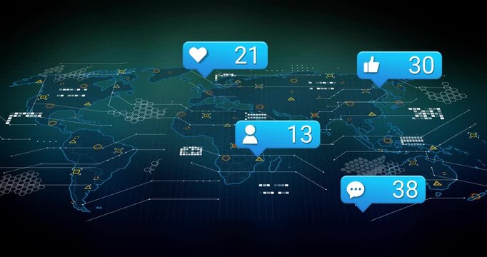 Animation of social media notifications overlaying digital world map with data points