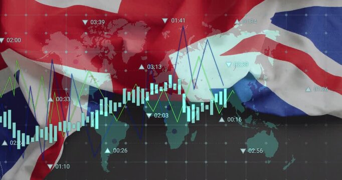 Animation of financial data graphs over world map and British flag background