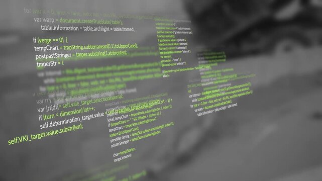 Animated JavaScript code blocks floating over blurred hardware backdrop, showing green white syntax