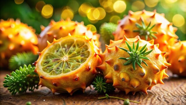 A realistic photo of Fresh Kiwano melons with thyme