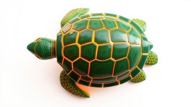 Green turtle figurine, detailed shell pattern. Orange accents highlight segments. Clean white background provides contrast. Simple, elegant design.