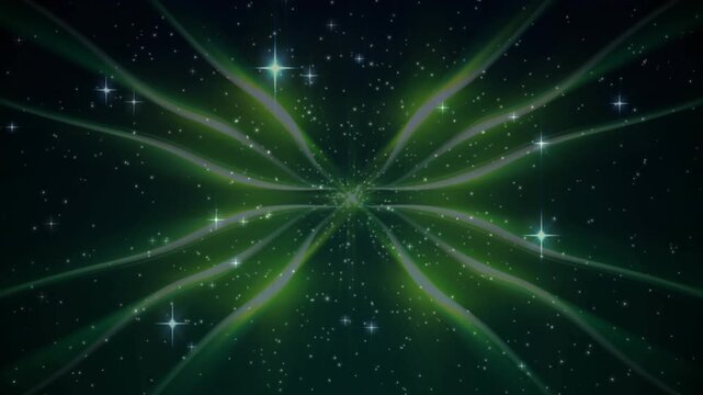 Central point emitting green tendrils, stars shimmering across cosmos showing energy convergence