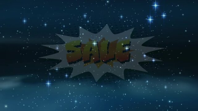 Cosmic backdrop appearing with twinkling stars, SALE graphic remaining fixed providing promo focus