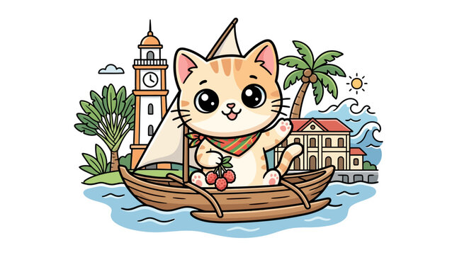 Cute Cat Sailor Sailing with Souvenir Boat
