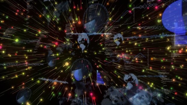 Central starburst initiating motion, radiating particles and revealing globes, charts and code
