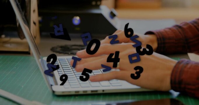 Maker typing on laptop initiating animated numbers, then picking up gear and checking prototype fit