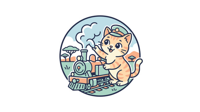 Cute Cat Train Conductor on the Railroad