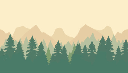 Fototapeta premium A tranquil illustration of a serene forest landscape featuring trees and mountains. The scene is bathed in calming hues, creating a sense of peace and harmony