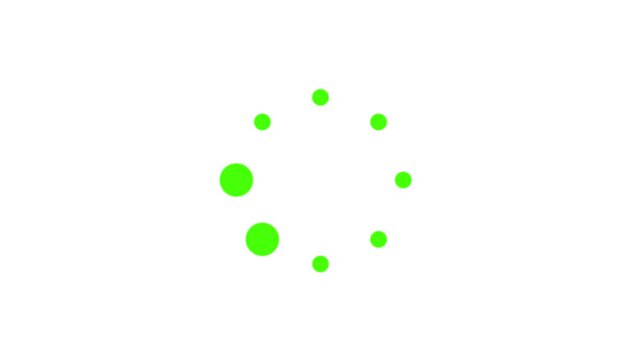 Circular green dots loading animation with rotating focal point. Seamless loop for progress tracking in mobile apps.