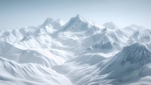 Winter season adventure exploration. A digital artwork depicts a majestic mountain range covered in pristine white snow. The mountains are depicted in varying shades of white.