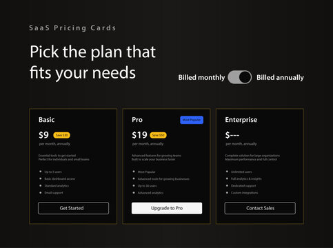 SaaS Pricing Plan Table UI Kit - Dark Mode. Premium dark theme vector illustration of subscription tier cards including Basic, Pro, and Enterprise options with professional gold and blue accents.