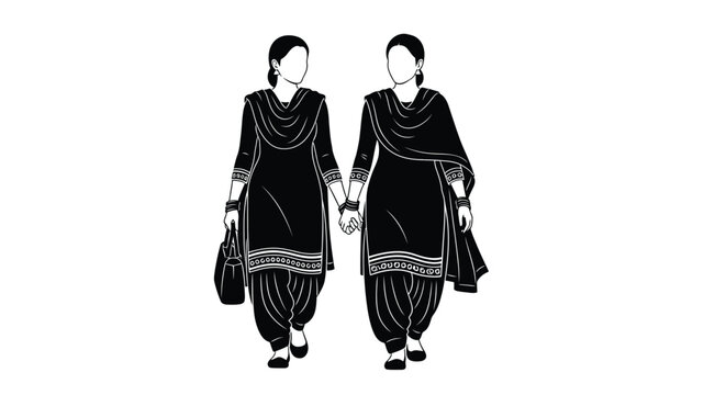 Two women in traditional punjabi salwar kameez holding hands