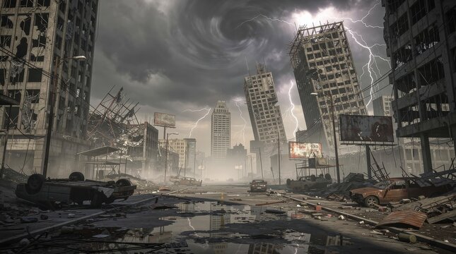 A desolate urban landscape ravaged by disaster, featuring toppled buildings, stormy skies, and a sense of chaos and destruction.