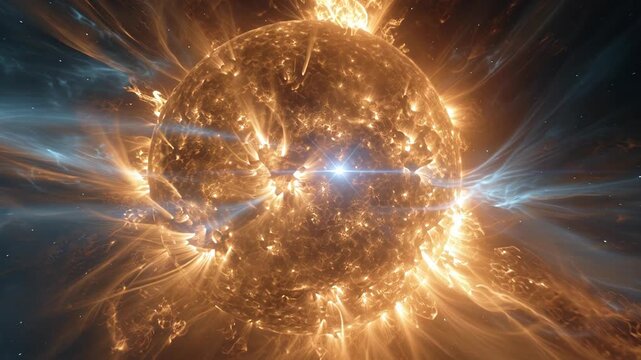 Close-up view of a glowing, fiery sun with solar flares and intense light emissions.