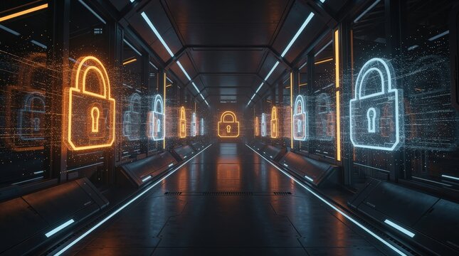 A futuristic corridor features glowing padlock symbols, emphasizing security and technology in a high-tech environment.