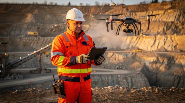 A worker in an orange safety suit operates a drone at a mining site, showcasing modern technology in industrial settings.