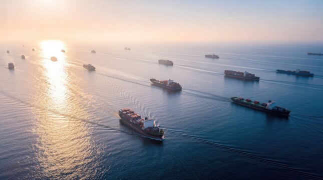 A serene view of multiple cargo ships navigating a sunlit ocean, creating a tranquil maritime scene.