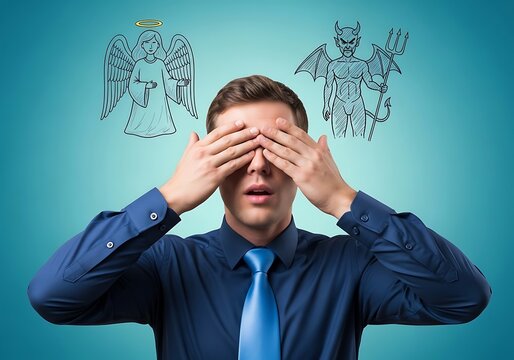 Businessman with Angel and Devil Sketches on Shoulders. Generative Ai