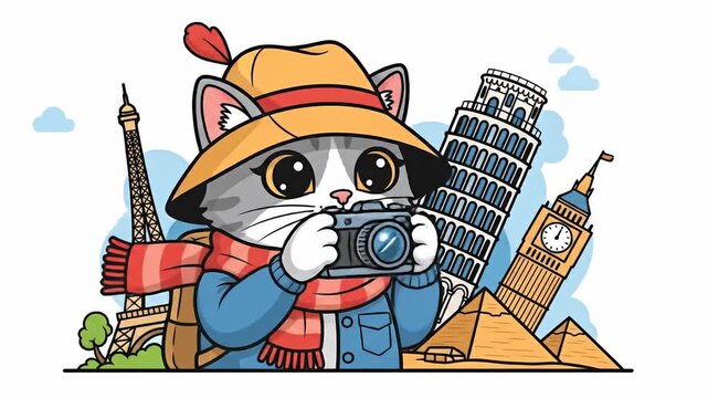 Cartoon cat tourist photographs world landmarks on global travel adventure