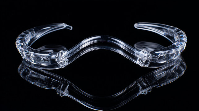 Transparent dental cheek retractor isolated on glossy black background, professional orthodontic tool for oral examination and clinical dentistry concept.