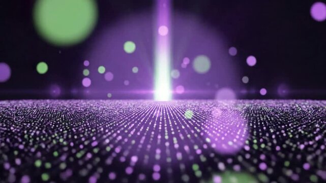 Abstract digital landscape featuring a glowing purple and green light beam emerging from a vast field of shimmering particles