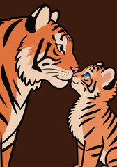 Fototapeta premium Tiger and cub share a moment in a simple design with bold colors and clear lines around them
