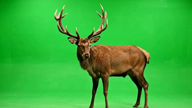 Red deer stag standing in profile isolated on green screen background for easy compositing wildlife animal portrait with large