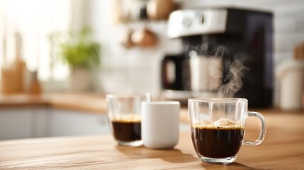 Fototapeta premium Freshly Brewed Coffee with Steam Rising in Cozy Kitchen Setting