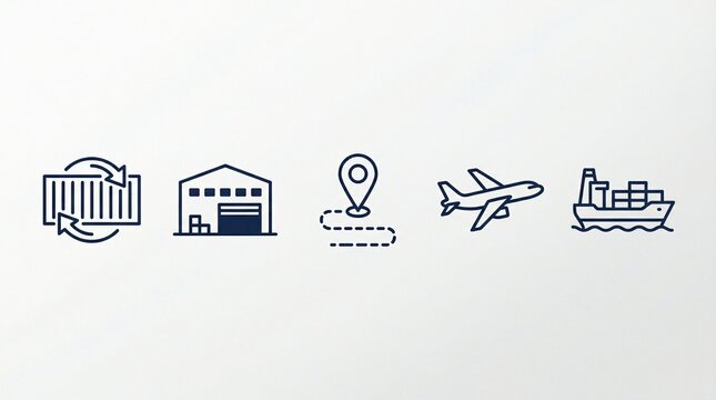 Logistics and transportation icons showing shipping, warehousing, delivery, air travel, and sea freight.