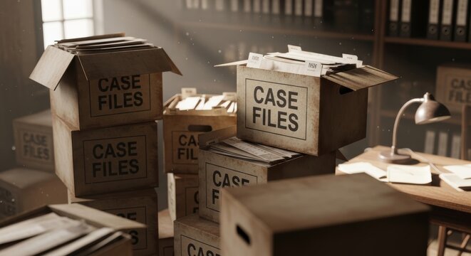 Stack of cardboard boxes labeled case files in office. Archive storage of legal documents and paper records. Investigation process and detective research concept. Bureaucracy theme.