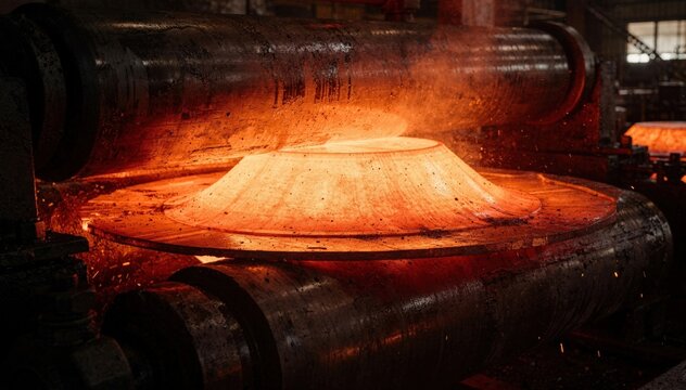 Dynamic medium shot capturing hot rolling process where redhot metal plates are rolled into conical shapes under heavy industrial rollers.