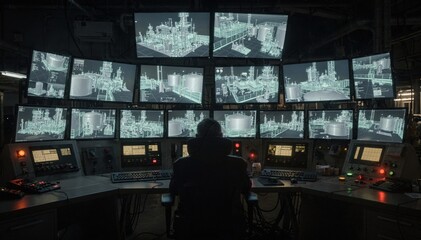 Obraz premium Dimly lit refinery control room featuring digital twin models on multiple screens emphasizing focused operations and alert systems during reduced lighting conditions.
