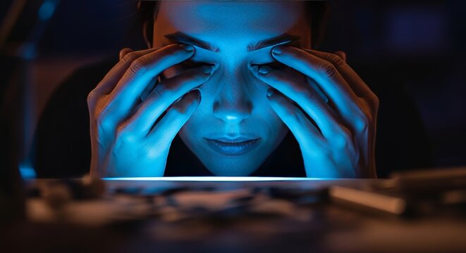 Close up of hands rubbing weary eyes before a glowing screen at a messy desk during a dark midnight session in a silent dim indoor setting, night, corporate, hands