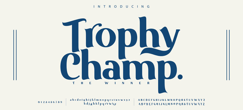 Trophy Champ Elegant Font Uppercase Lowercase and Number. Classic Lettering Minimal Fashion Designs. Typography modern serif fonts regular decorative vintage vector illustration