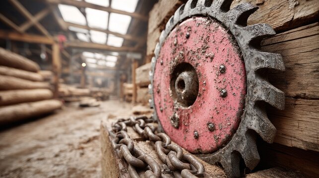 Closeup of Massive Circular Saw Blade with Chain in Industrial Setting