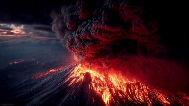 Outdoor exploration adventure. A dramatic depiction of a volcanic eruption. The main subject is a large plume of smoke rising from the ground, emitting a fiery orange and red glow.