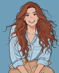 Naklejka premium Young woman with long hair smiles and sits against a blue background during a casual moment in a relaxed setting