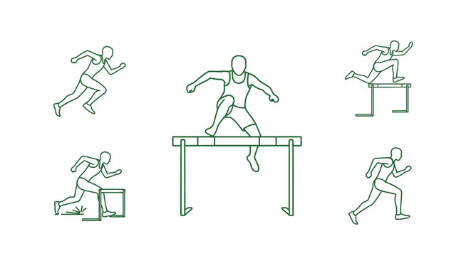 People running jumping hurdle obstacles fast.